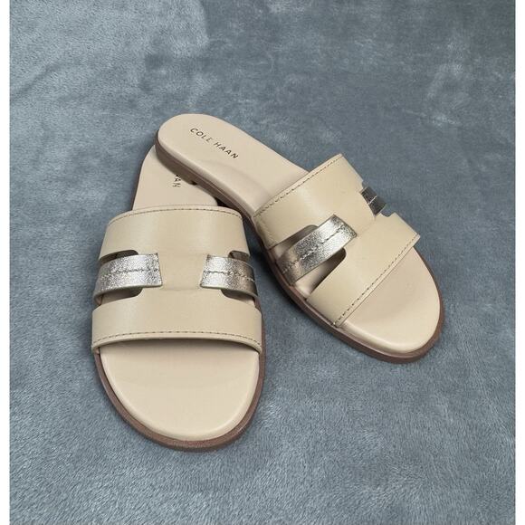 NEW! Cole Haan Flynn Slotted Slide Women's Sandal Nude & Metallic Leather 6.5 B - Picture 1 of 6